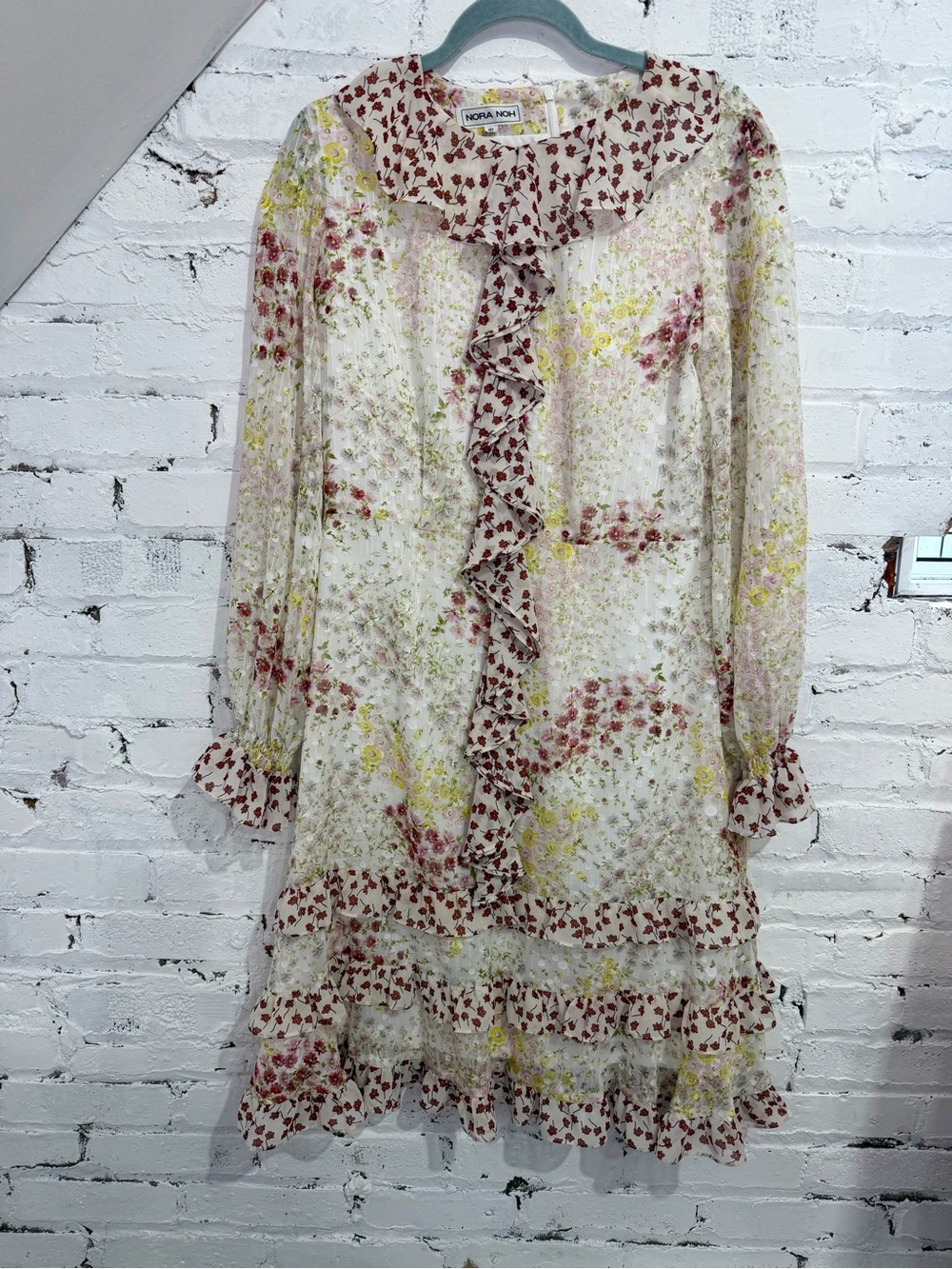 Nora Noh Korean Designer Floral Chiffon Midi Dress Romantic Ruffles Size 10